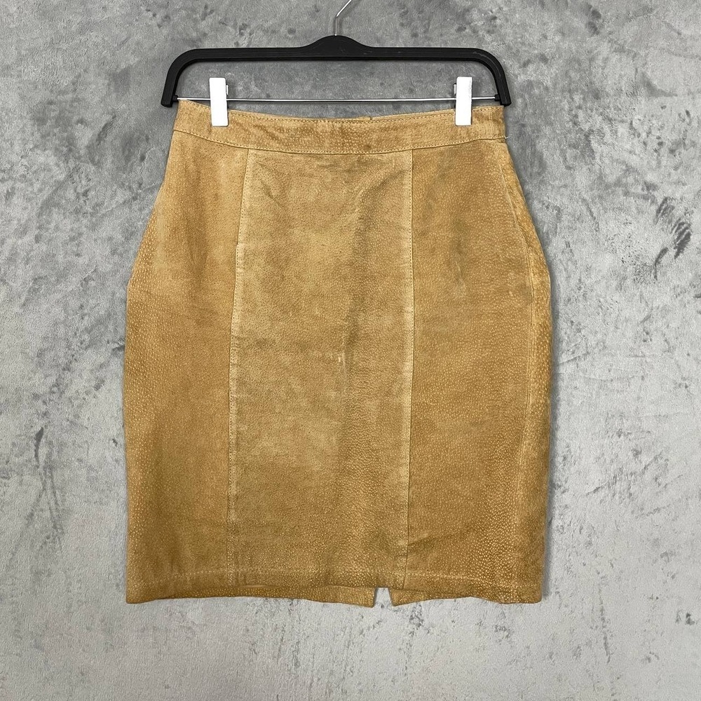 Vintage‎ 90s I.O.U. Suede Leather Pencil Midi Skirt Tan Size 11/12 Officewear